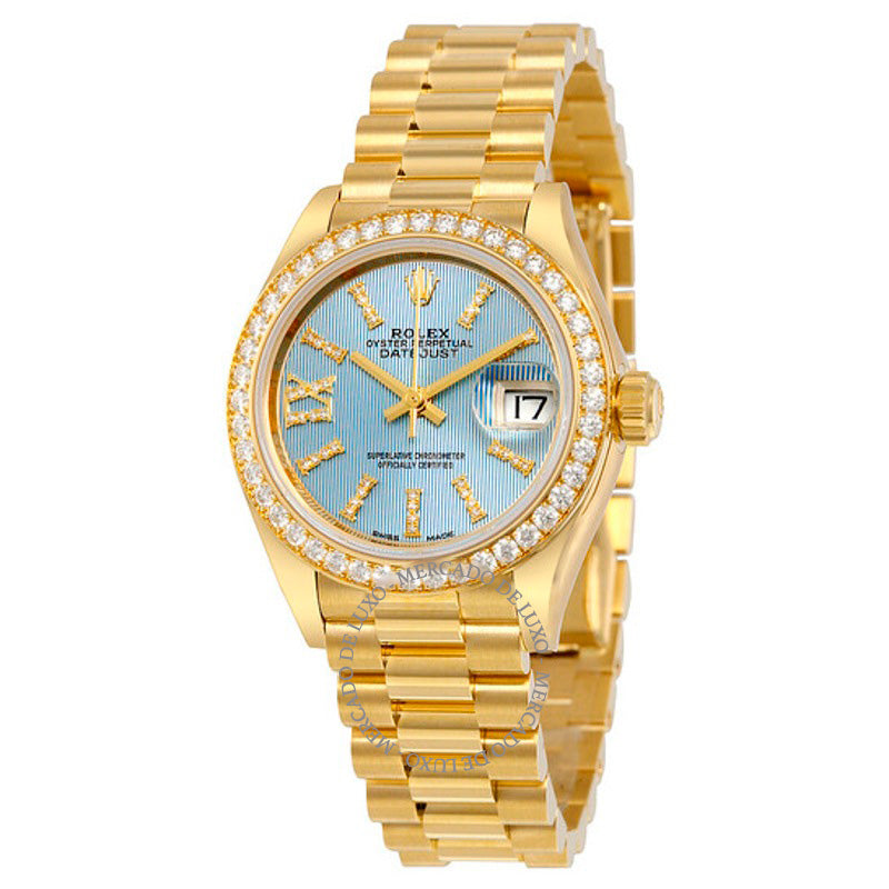 Relógio Lady-Datejust 28 Mostrador Azul-Flor-de-Centáurea Ouro Amarelo 18K Presidente Automático 28 mm - Mercado de Luxo - O Maior E-Commerce de Bens, Produtos e Serviços de Luxo do Brasil.
