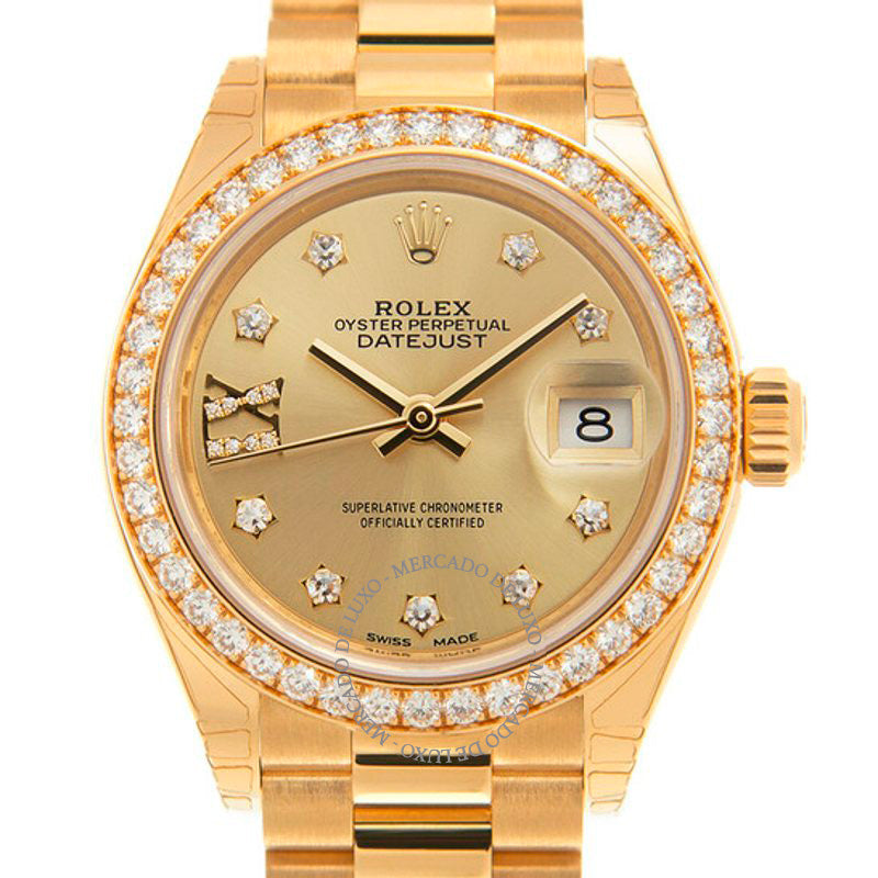 Relógio Lady-Datejust Champagne com mostrador de diamantes automático ouro amarelo 18 quilates President  - Mercado de Luxo - O Maior E-Commerce de Bens, Produtos e Serviços de Luxo do Brasil.