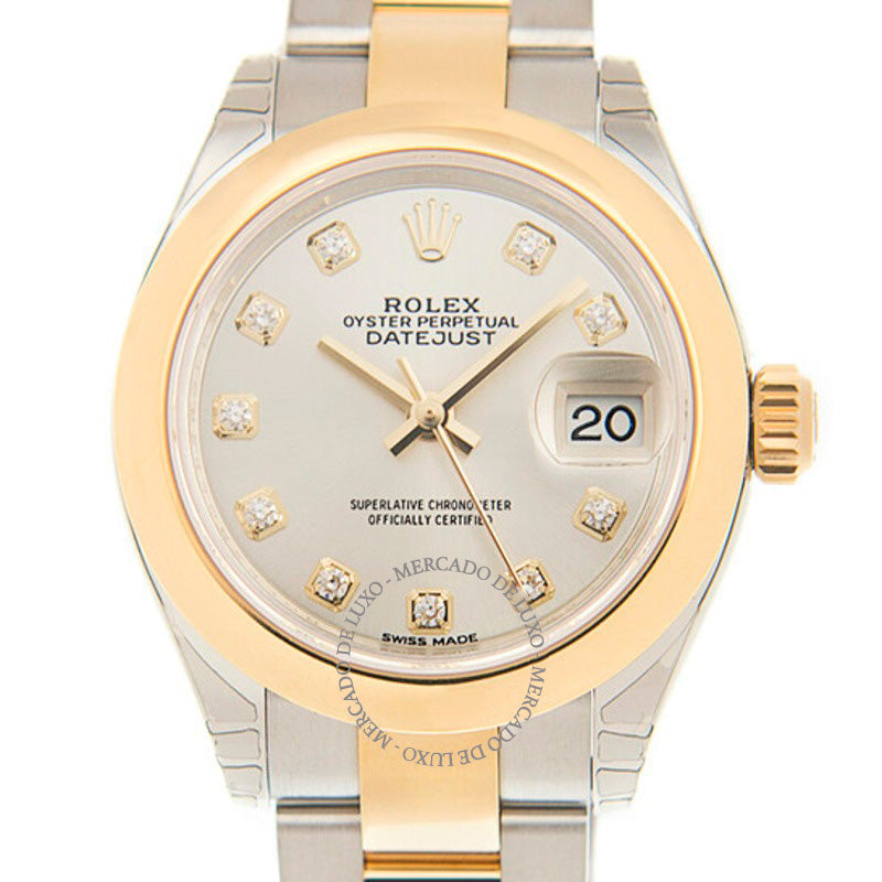 Relógio Oyster Lady Datejust 28 com mostrador prateado em aço e ouro amarelo 18K 28 mm - Mercado de Luxo - O Maior E-Commerce de Bens, Produtos e Serviços de Luxo do Brasil.