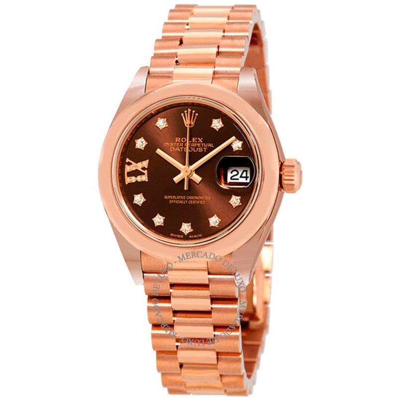 Relógio Lady-Datejust 28 Mostrador Chocolate Ouro Everose 18K Presidente Automático 28 mm - Mercado de Luxo - O Maior E-Commerce de Bens, Produtos e Serviços de Luxo do Brasil.