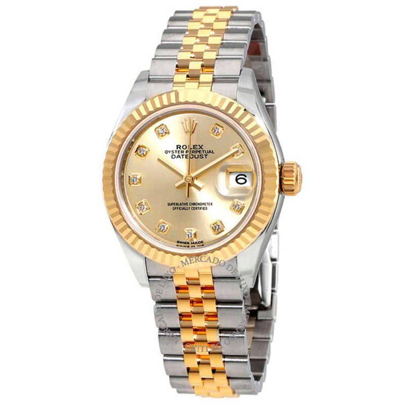 Relógio automático Lady Datejust Champagne com mostrador de diamantes em aço e ouro amarelo 18K 28 mm - Mercado de Luxo - O Maior E-Commerce de Bens, Produtos e Serviços de Luxo do Brasil.