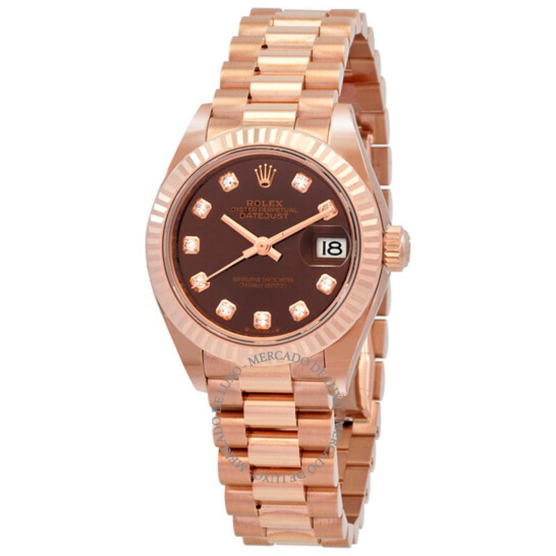 Relógio Lady Datejust Chocolate Diamond Dial Automático Ouro Rosa 18 Quilates President 28 mm - Mercado de Luxo - O Maior E-Commerce de Bens, Produtos e Serviços de Luxo do Brasil.