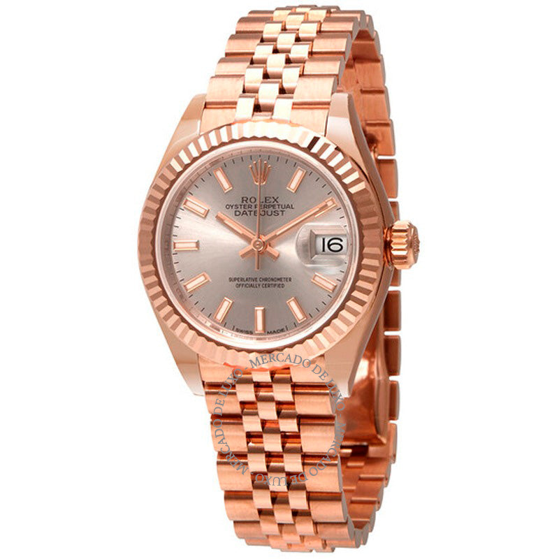 Relógio automático Lady Datejust 28 Sundust Dial em ouro rosa 18K com pulseira Jubilee 28 mm - Mercado de Luxo - O Maior E-Commerce de Bens, Produtos e Serviços de Luxo do Brasil.