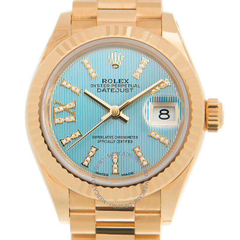 Relógio Oyster Perpetual Datejust Cornflower Blue Dial Automático Ouro Amarelo 18 Quilates 28 mm - Mercado de Luxo - O Maior E-Commerce de Bens, Produtos e Serviços de Luxo do Brasil.