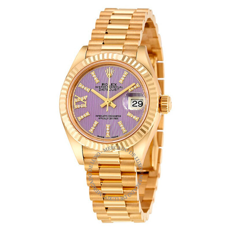 Relógio Lady-Datejust 28 Mostrador Lilás Ouro Amarelo 18K Presidente Automático 28 mm - Mercado de Luxo - O Maior E-Commerce de Bens, Produtos e Serviços de Luxo do Brasil.