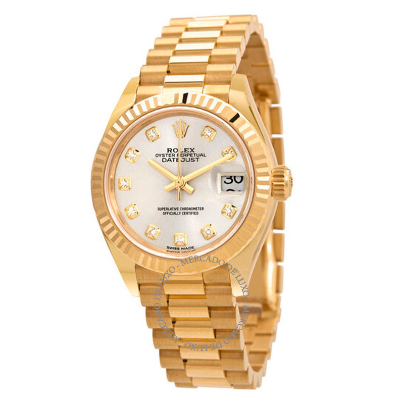 Relógio Lady Datejust Silver Diamond Dial Automático Ouro Amarelo 18 Quilates President 28 mm - Mercado de Luxo - O Maior E-Commerce de Bens, Produtos e Serviços de Luxo do Brasil.