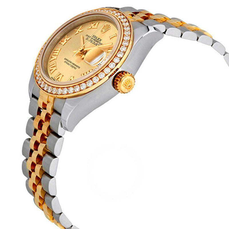 Relógio automático Lady Datejust Champagne com mostrador romano e moldura de diamante 28 mm - Mercado de Luxo - O Maior E-Commerce de Bens, Produtos e Serviços de Luxo do Brasil.