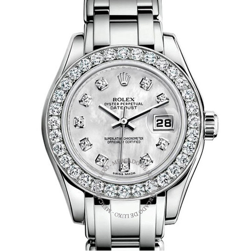 Relógio Lady-Datejust Pearlmaster Branco Madrepérola Mostrador de Diamante Ouro Branco 18K Automático 29 mm - Mercado de Luxo - O Maior E-Commerce de Bens, Produtos e Serviços de Luxo do Brasil.