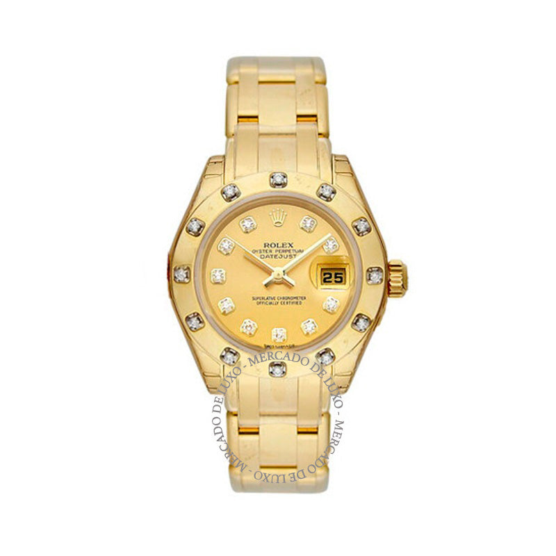Relógio automático Lady-Datejust Pearlmaster Champagne Dial em ouro amarelo 18K 29 mm - Mercado de Luxo - O Maior E-Commerce de Bens, Produtos e Serviços de Luxo do Brasil.