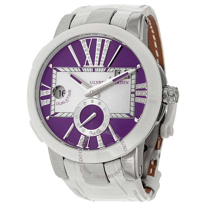 Relógio Executivo Dual Time Mostrador Roxo Diamante Couro Branco  - Mercado de Luxo - O Maior E-Commerce de Bens, Produtos e Serviços de Luxo do Brasil.