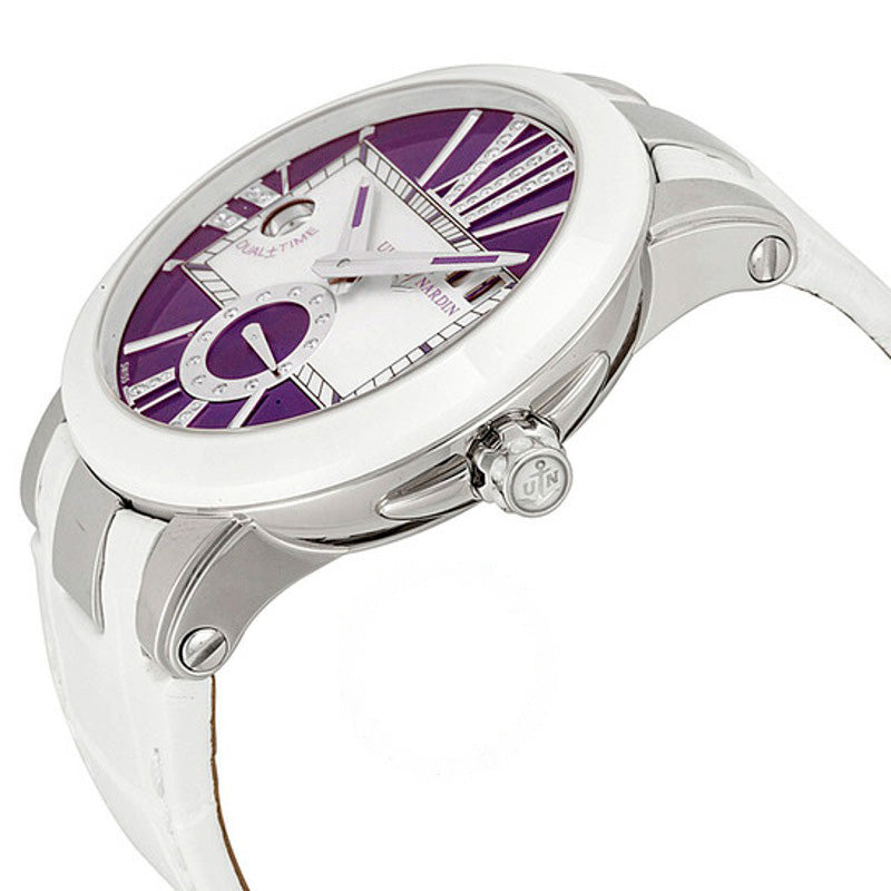 Relógio Executivo Dual Time Mostrador Roxo Diamante Couro Branco  - Mercado de Luxo - O Maior E-Commerce de Bens, Produtos e Serviços de Luxo do Brasil.
