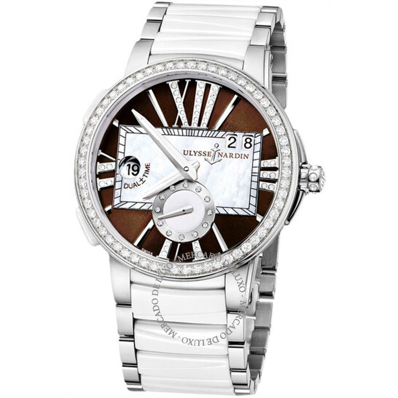 Relógio Executivo Dual Time Lady Mostrador Marrom Aço Inoxidável e Pulseira de Cerâmica Automático 40 mm - Mercado de Luxo - O Maior E-Commerce de Bens, Produtos e Serviços de Luxo do Brasil.