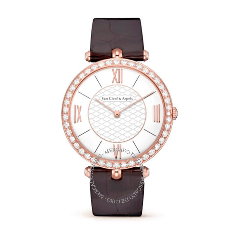 Relógio Van Cleef Pierre Arpels Mostrador Branco Ouro Rosa 18k Diamante 38 mm - Mercado de Luxo - O Maior E-Commerce de Bens, Produtos e Serviços de Luxo do Brasil.