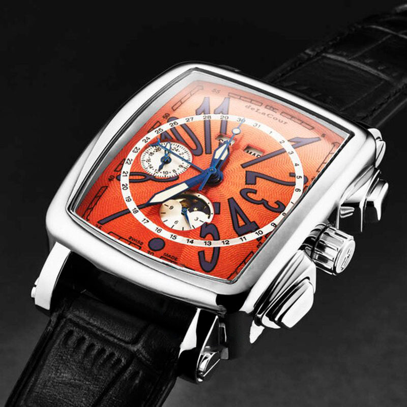 Relógio Vialarga Cronógrafo GMT Automático Fases da Lua Dia-Noite Mostrador Laranja 38 mm - Mercado de Luxo - O Maior E-Commerce de Bens, Produtos e Serviços de Luxo do Brasil.