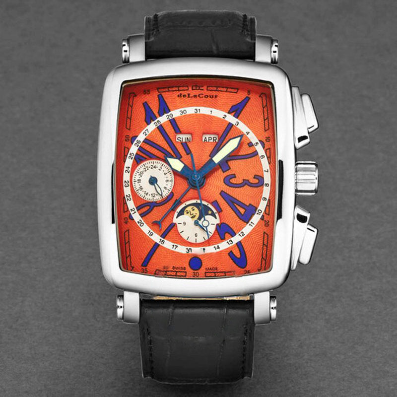 Relógio Vialarga Cronógrafo GMT Automático Fases da Lua Dia-Noite Mostrador Laranja 38 mm - Mercado de Luxo - O Maior E-Commerce de Bens, Produtos e Serviços de Luxo do Brasil.
