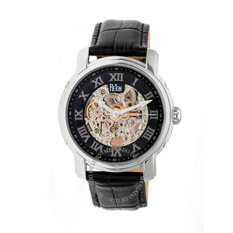 Relógio Kahn Black Skeleton Algarismos Romanos Pulseira de Couro Preta 45 mm - Mercado de Luxo - O Maior E-Commerce de Bens, Produtos e Serviços de Luxo do Brasil.