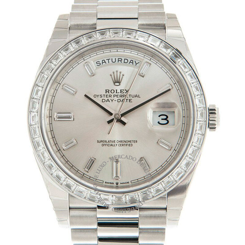 Relógio Day-Date 40 Cronômetro Automático Mostrador Prateado com Diamantes 40 mm - Mercado de Luxo - O Maior E-Commerce de Bens, Produtos e Serviços de Luxo do Brasil.