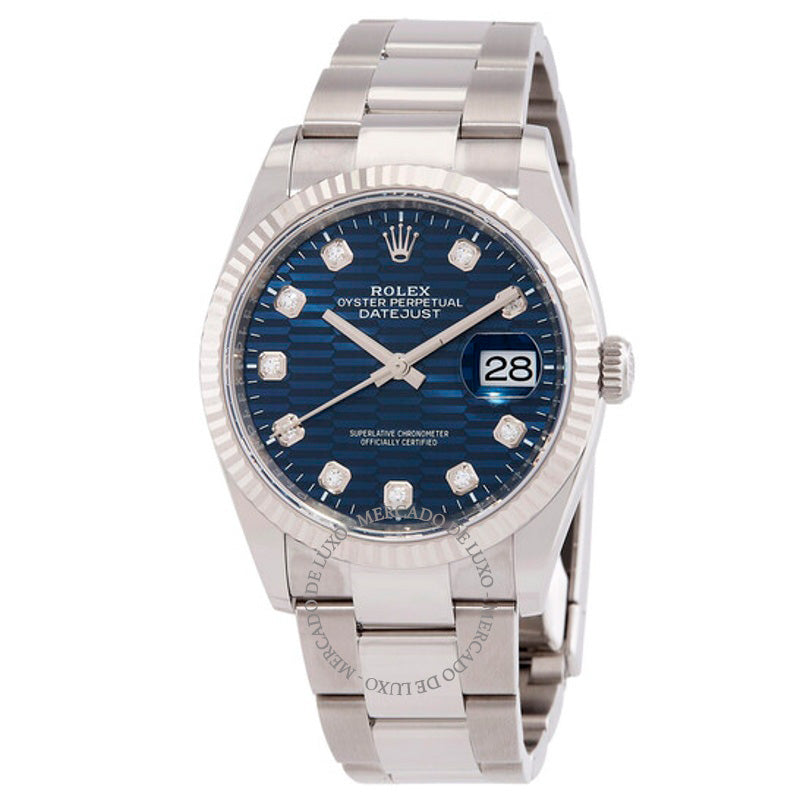 Relógio Datejust 36 Mostrador de diamante com motivo canelado azul brilhante 36 mm - Mercado de Luxo - O Maior E-Commerce de Bens, Produtos e Serviços de Luxo do Brasil.