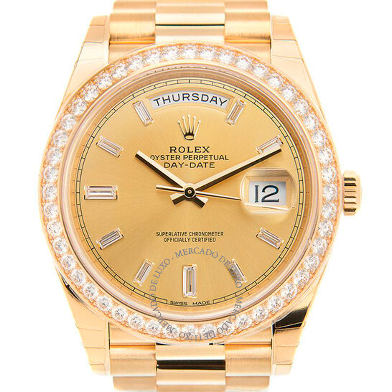 Relógio Oyster Perpetual Day-Date Champagne Mostrador de Diamante 40 mm - Mercado de Luxo - O Maior E-Commerce de Bens, Produtos e Serviços de Luxo do Brasil.