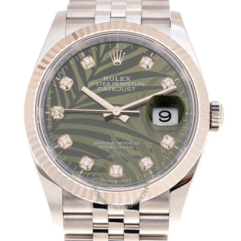Relógio Datejust 36 Mostrador de Diamante com Motivo de Palma Verde Oliva 36 mm - Mercado de Luxo - O Maior E-Commerce de Bens, Produtos e Serviços de Luxo do Brasil.