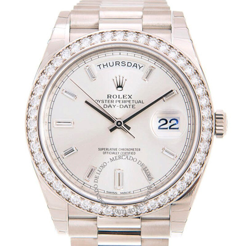 Relógio Dia Data 40 Automático Prata Mostrador Diamante 40 mm - Mercado de Luxo - O Maior E-Commerce de Bens, Produtos e Serviços de Luxo do Brasil.