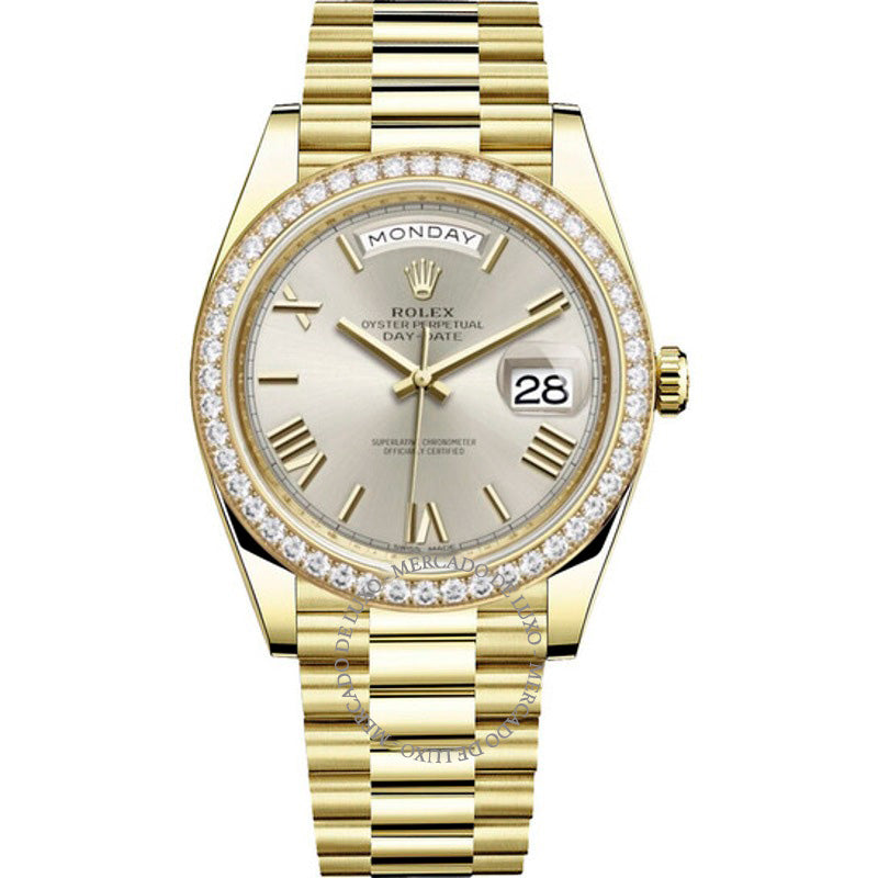 Relógio Mostrador com motivo diagonal prateado Day-Date 40 40 mm - Mercado de Luxo - O Maior E-Commerce de Bens, Produtos e Serviços de Luxo do Brasil.