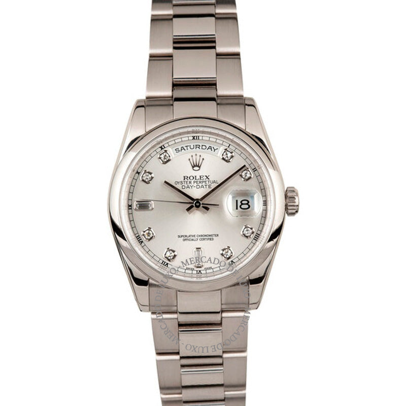 Relógio Day-Date Prata com Mostrador de Diamantes 36 mm - Mercado de Luxo - O Maior E-Commerce de Bens, Produtos e Serviços de Luxo do Brasil.