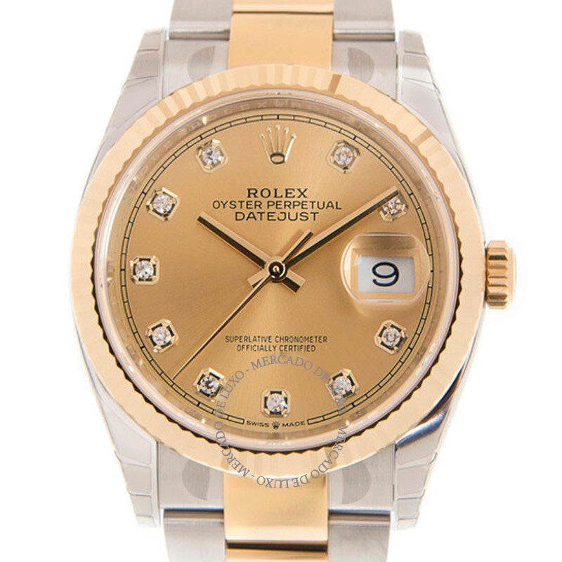 Relógio Datejust 36 Champagne Mostrador de Diamante 36 mm - Mercado de Luxo - O Maior E-Commerce de Bens, Produtos e Serviços de Luxo do Brasil.