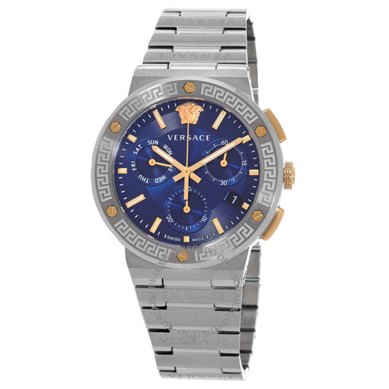 Relógio Cronógrafo com logotipo Greca mostrador azul de quartzo 43 mm - Mercado de Luxo - O Maior E-Commerce de Bens, Produtos e Serviços de Luxo do Brasil.