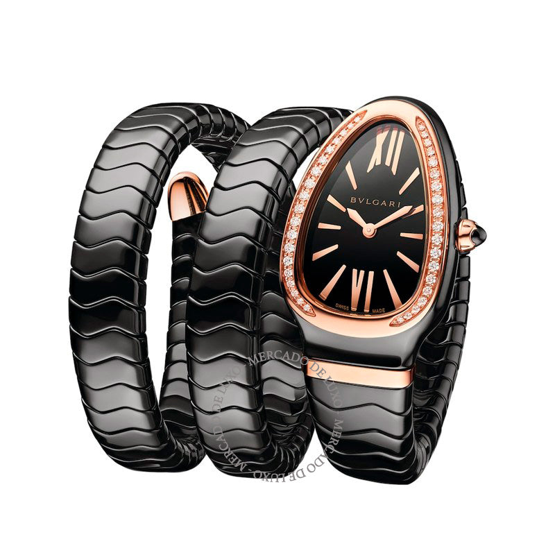 Relógio Serpenti Spiga em Ouro Rosé cerâmica preta e Diamantes 35 mm - Mercado de Luxo - O Maior E-Commerce de Bens, Produtos e Serviços de Luxo do Brasil.