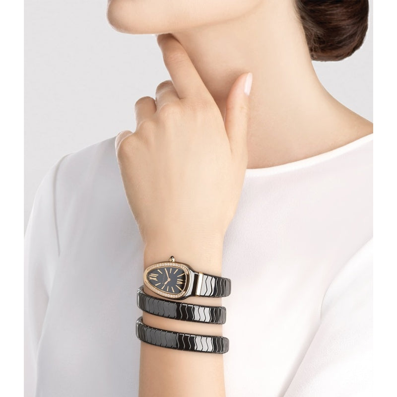 Relógio Serpenti Spiga em Ouro Rosé cerâmica preta e Diamantes 35 mm - Mercado de Luxo - O Maior E-Commerce de Bens, Produtos e Serviços de Luxo do Brasil.
